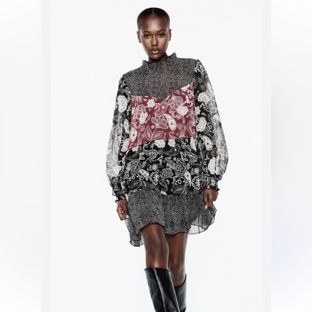 Zara Black and Red Patchwork Long Sleeve Dress